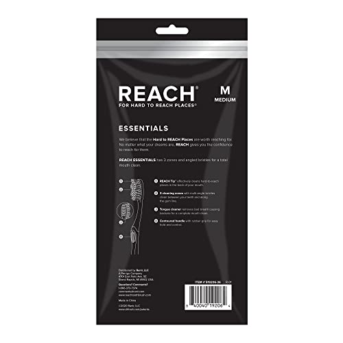 Reach Essentials Toothbrush with Toothbrush Covers, Soft Multi-Angled Bristles, Contoured Handle, Tongue Scraper, 6 Pack
