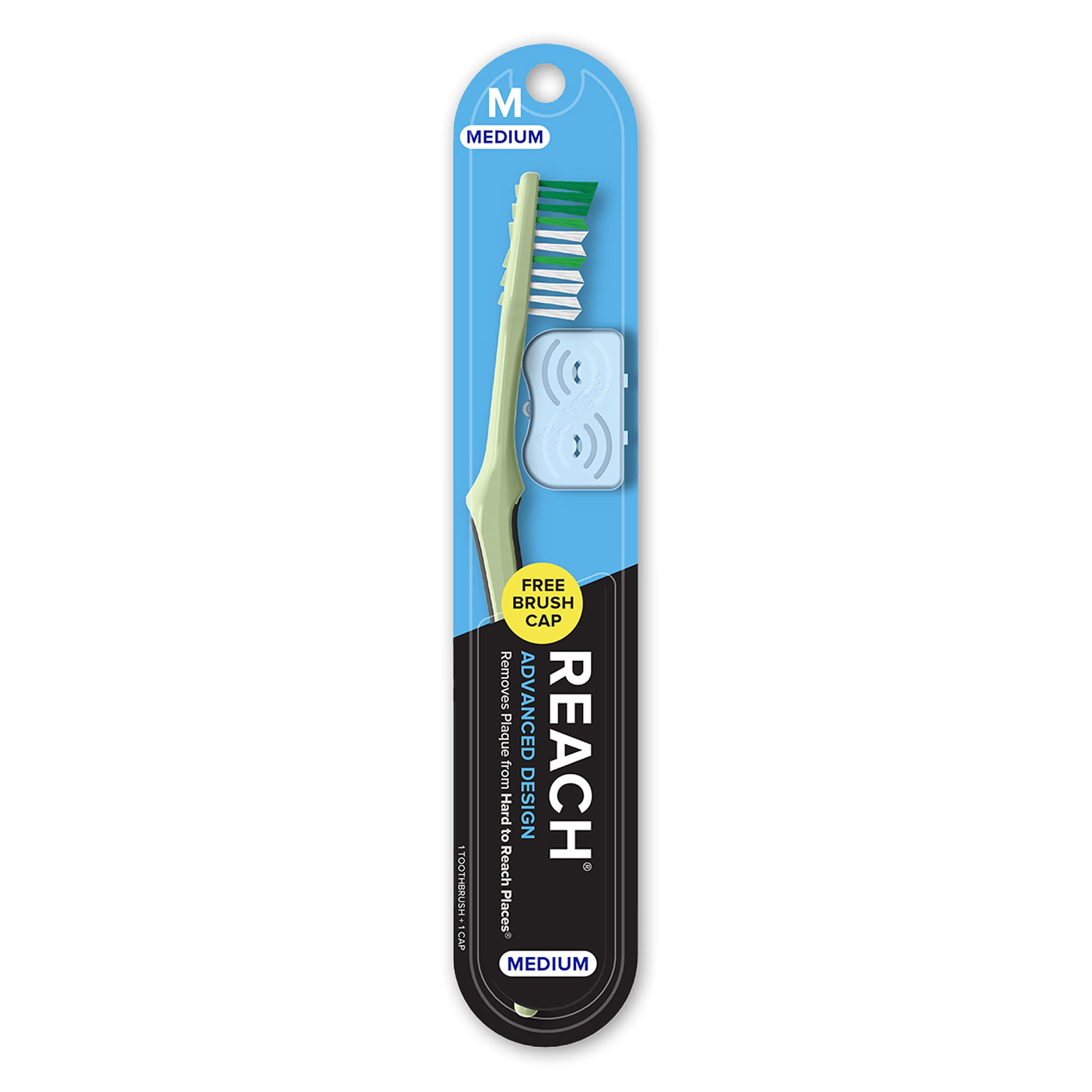 Reach Advanced Design Toothbrush with Toothbrush Cap for Oral Hygiene, Angled Neck for Better Reach, Medium Bi-Level Bri