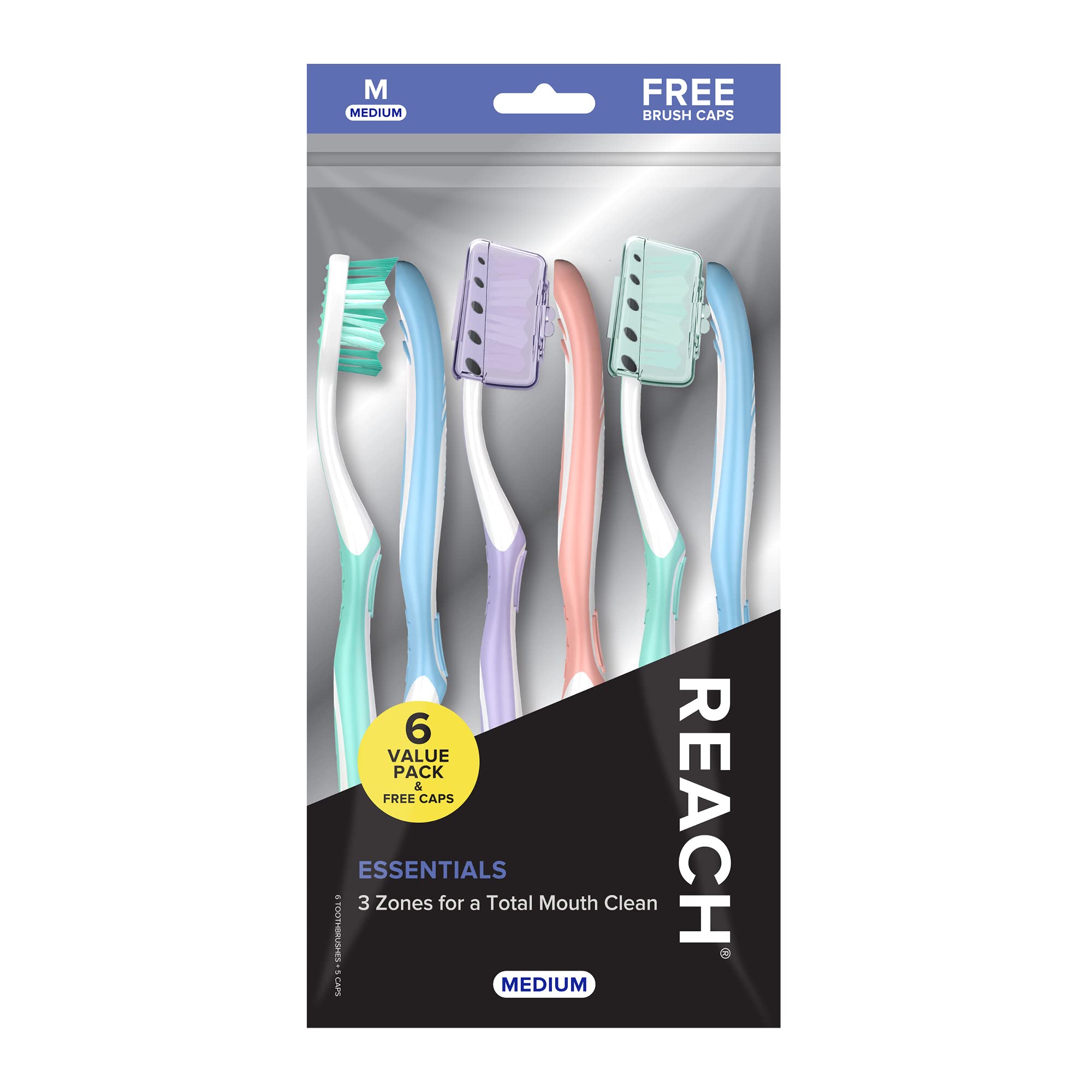 Reach Essentials Toothbrush with Toothbrush Covers, Soft Multi-Angled Bristles, Contoured Handle, Tongue Scraper, 6 Pack